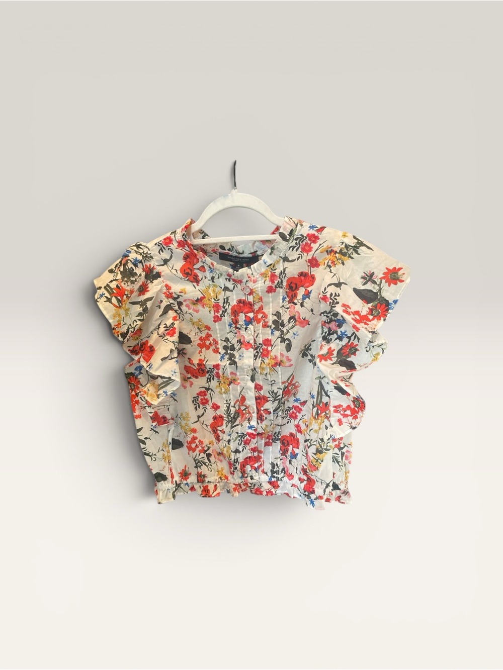 Floral Ruffled Short Sleeve Blouse - Cream Base with Red & Green Print!Classy